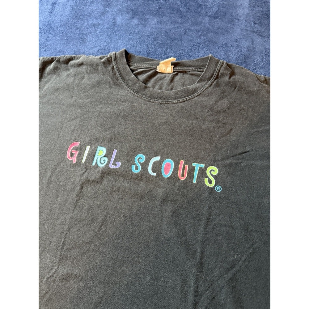 Vintage Girl Scouts T-Shirt Neon Spellout USA Made Single Stitch Black XL